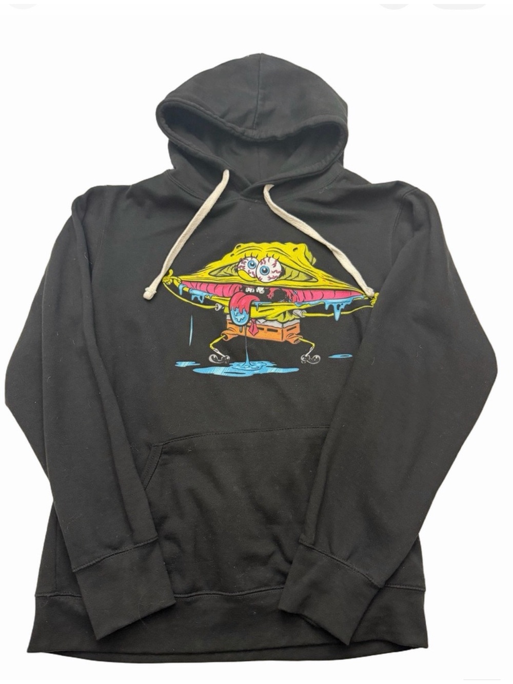 Black Sponge Bob Pullover Hoodie Colourful Cartoon Print Unisex Adult Large